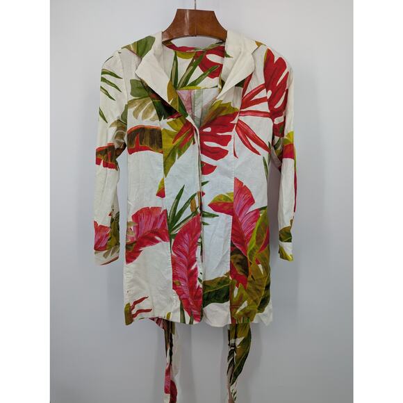 Tropical Print Tie Front Jacket Blouse Multicolor Size M Resortwear Boho Chic - Picture 2 of 4